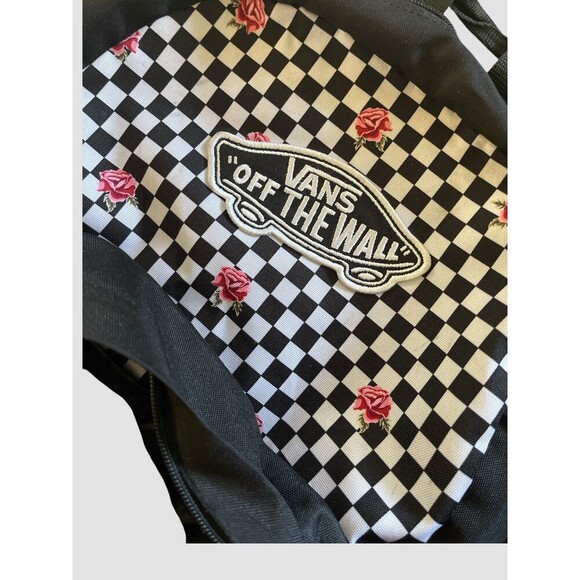 Vans Off The Wall Backpack Black White Checkered With Pink Roses - Picture 8 of 8